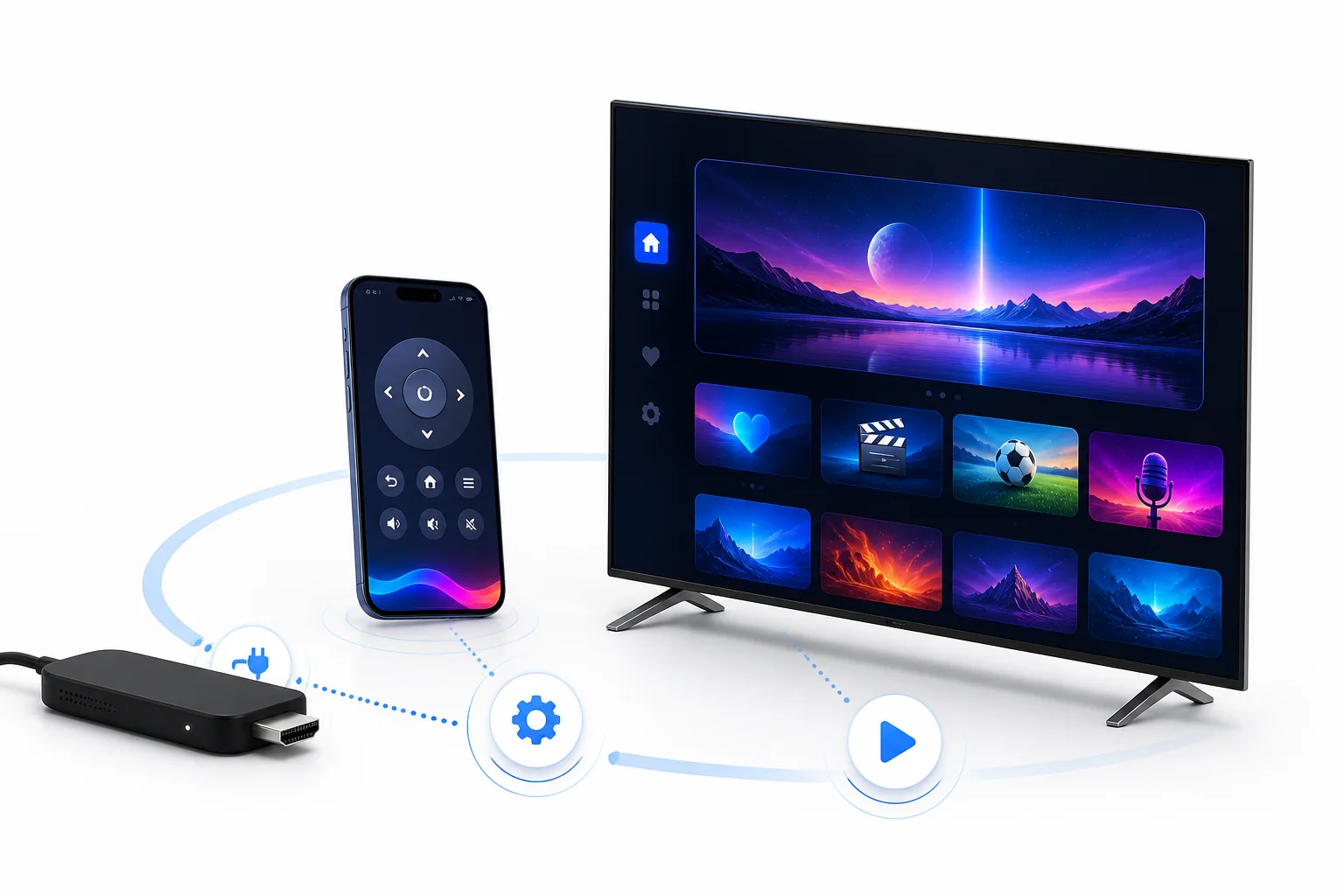 Fernseher, Smartphone und Streaming-Stick als Darstellung der IPTV-Einrichtung.