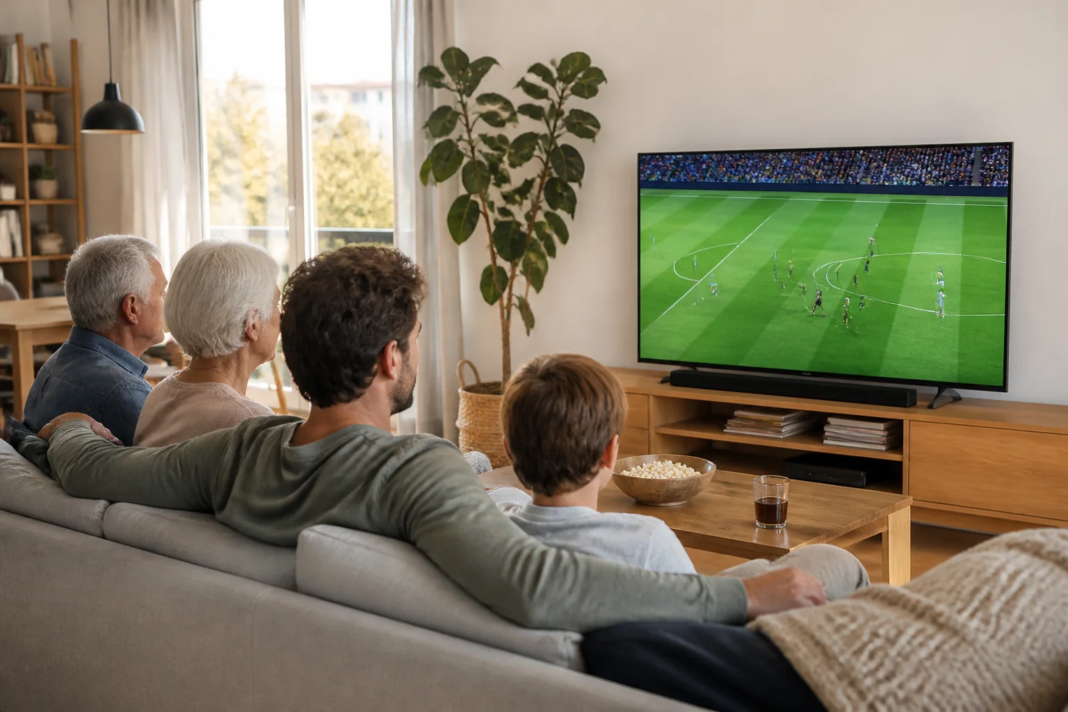 Familie sieht gemeinsam ein Fußballspiel auf dem Fernseher im Wohnzimmer.
