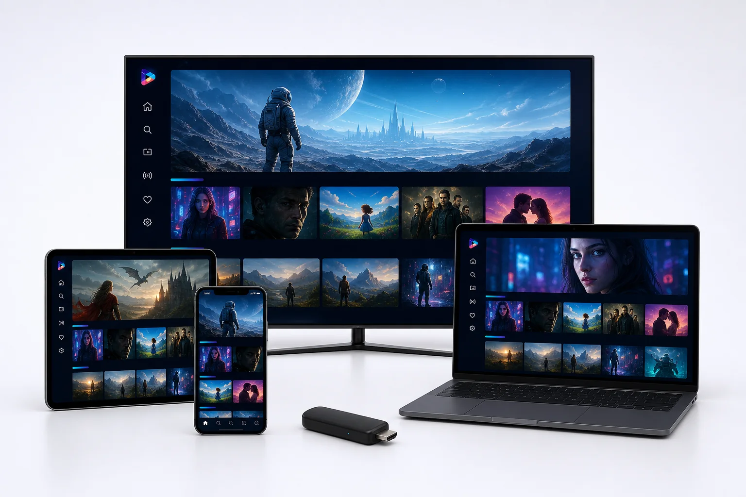 Smart-TV, Laptop, Tablet, Smartphone und Streaming-Stick zeigen dieselbe Mediathek.