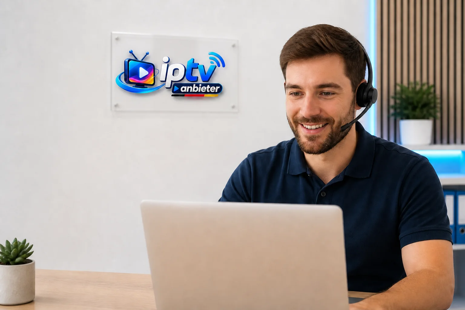 Mitarbeiterin mit Headset berät Kundinnen und Kunden am Schreibtisch.